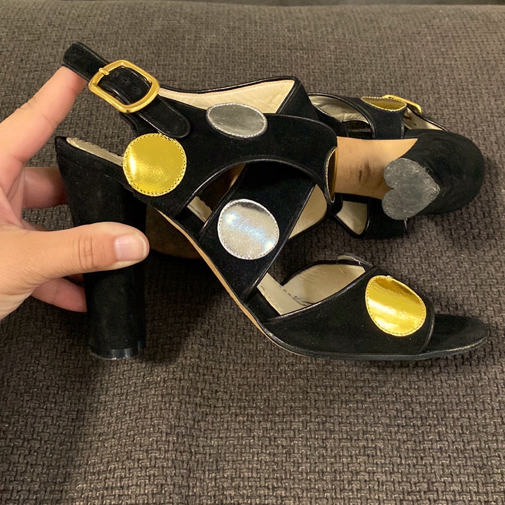 Marc Jacobs Strap Shoe w/ Gold and silver polka dots and a heart heel.